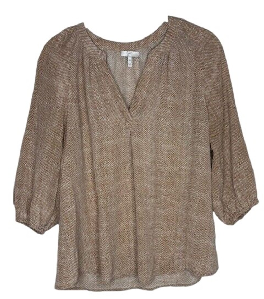 Joie Top Womens XS Neutral/Tan 100% Silk Printed Long Sleeve V Neck Ladies